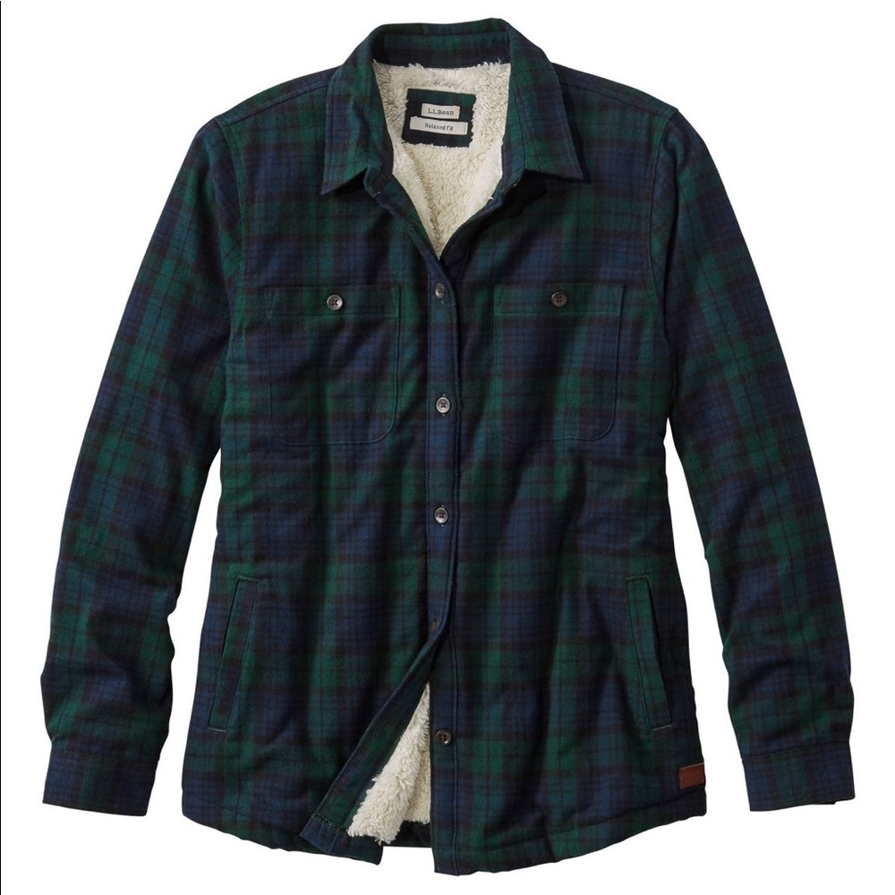 NWT LL Bean Scotch Plaid Sherpa Lined Shirt in Black Watch